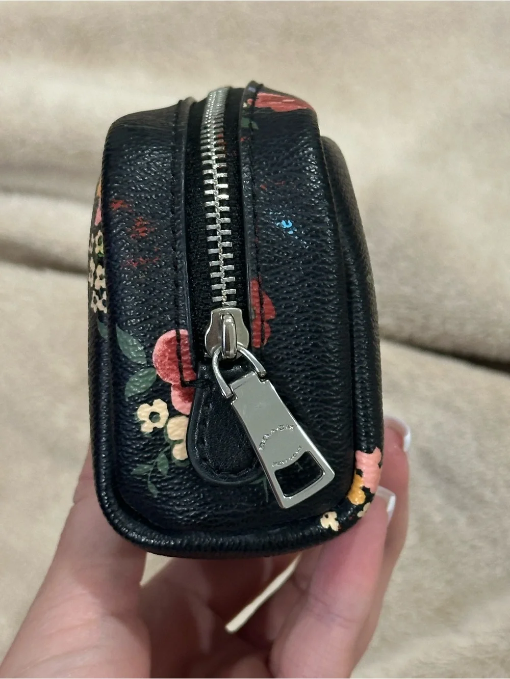 COACH Black Floral Leather Cosmetic Case with Multicolor Blooms